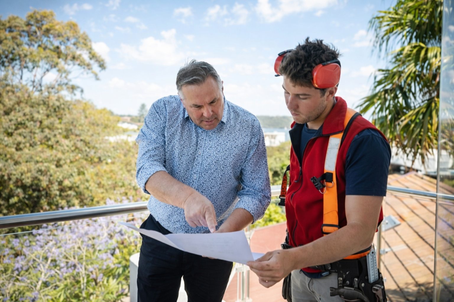 Tillow Built reviewing project plans with a client on a Sydney balcony