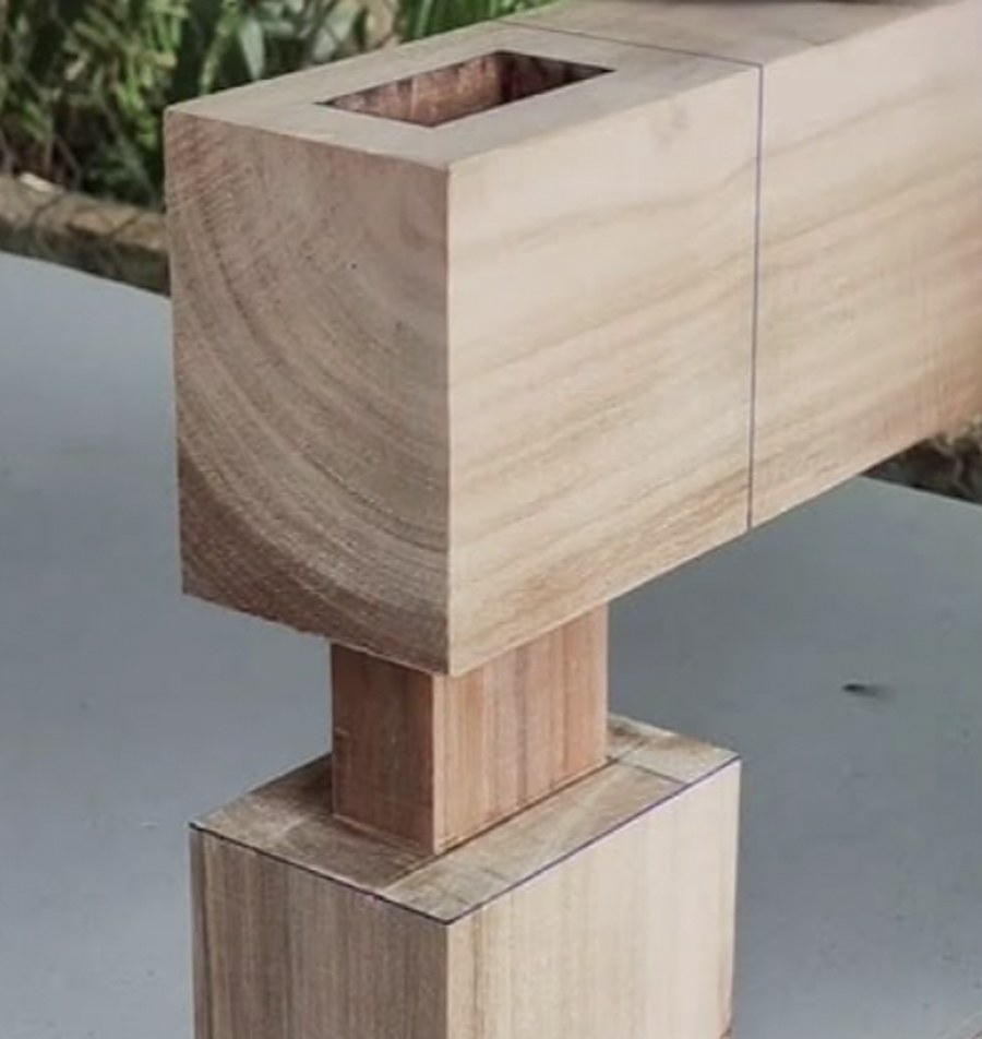Japanese-style mortise-and-tenon cedar bench joint — Tillow Built timber craft