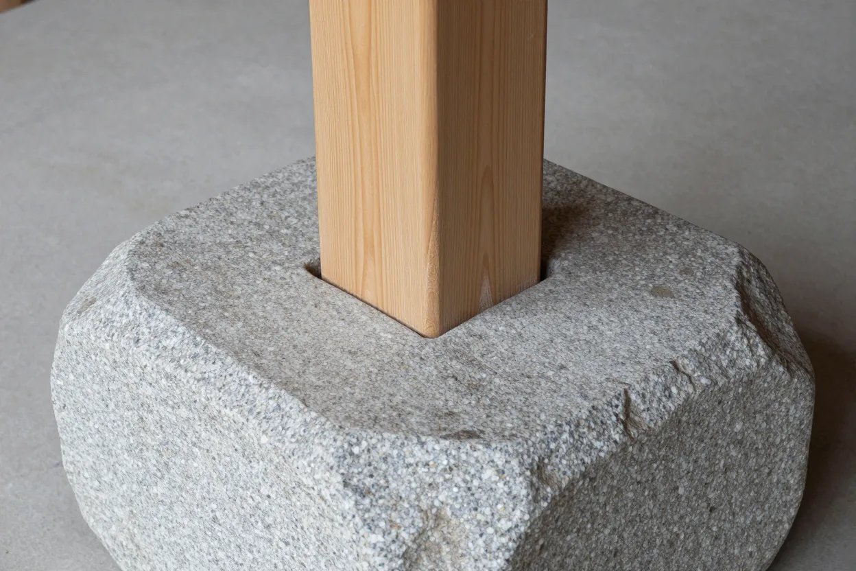 Hand-cut stone footing supporting a light cypress timber post — ishibadai foundation reference