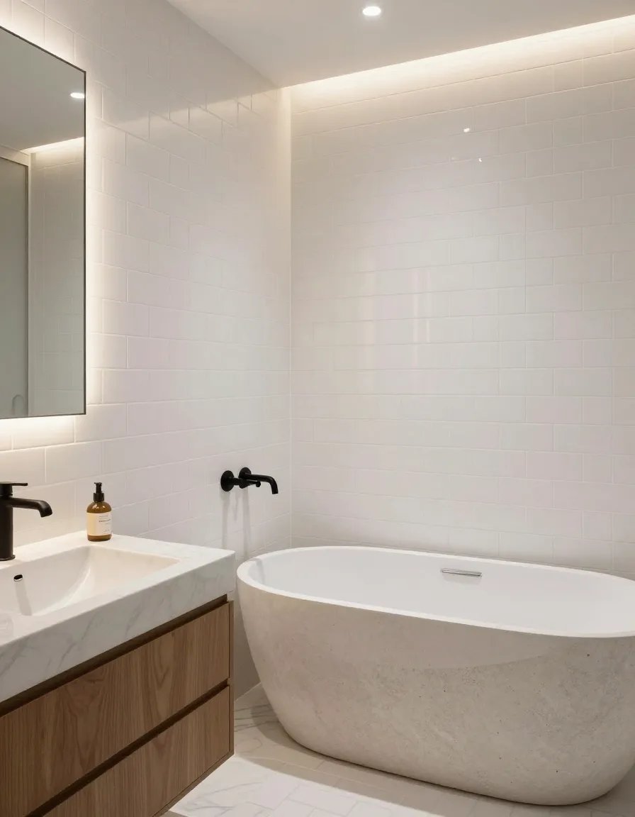 Freestanding stone bathtub with subway tile and matte black tapware