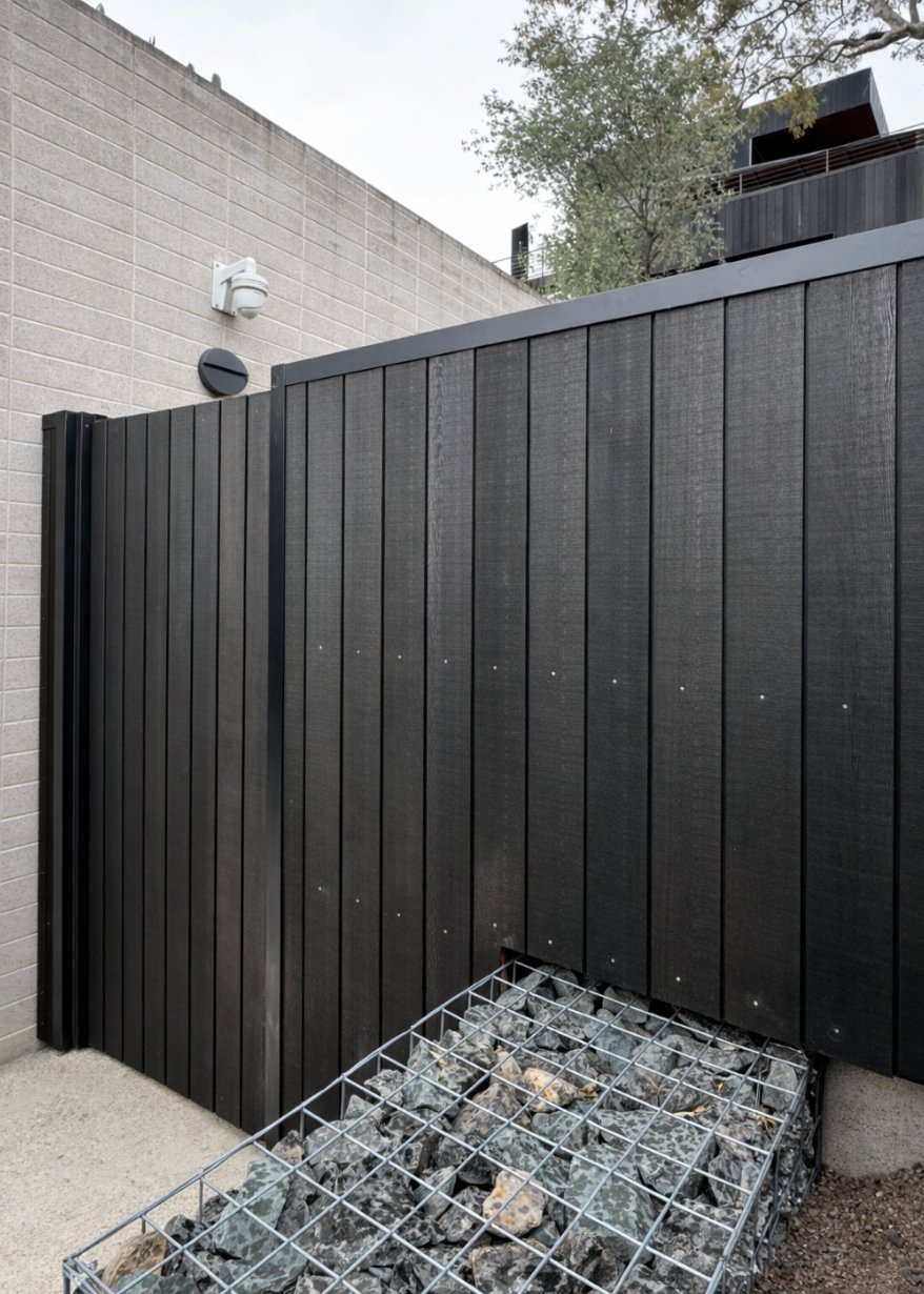 Black timber cladding and fencing with gabion retaining wall