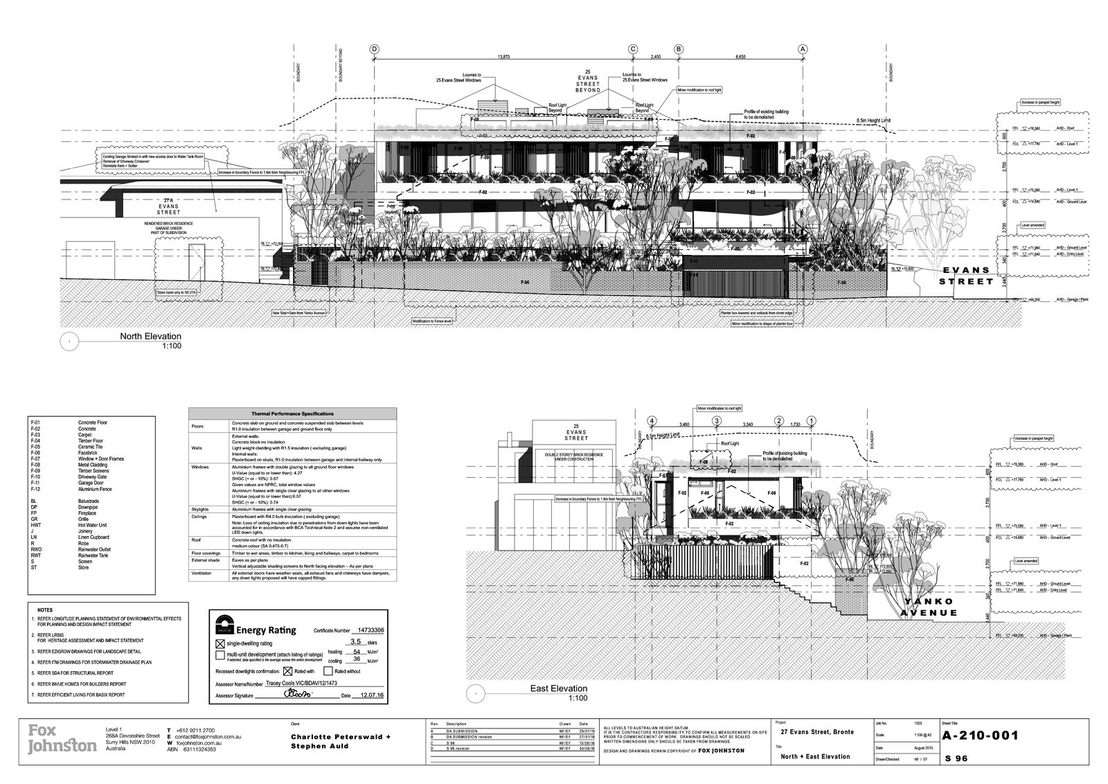 Stamped development-approval elevations, north and east, for the Bronte house at 27 Evans Street