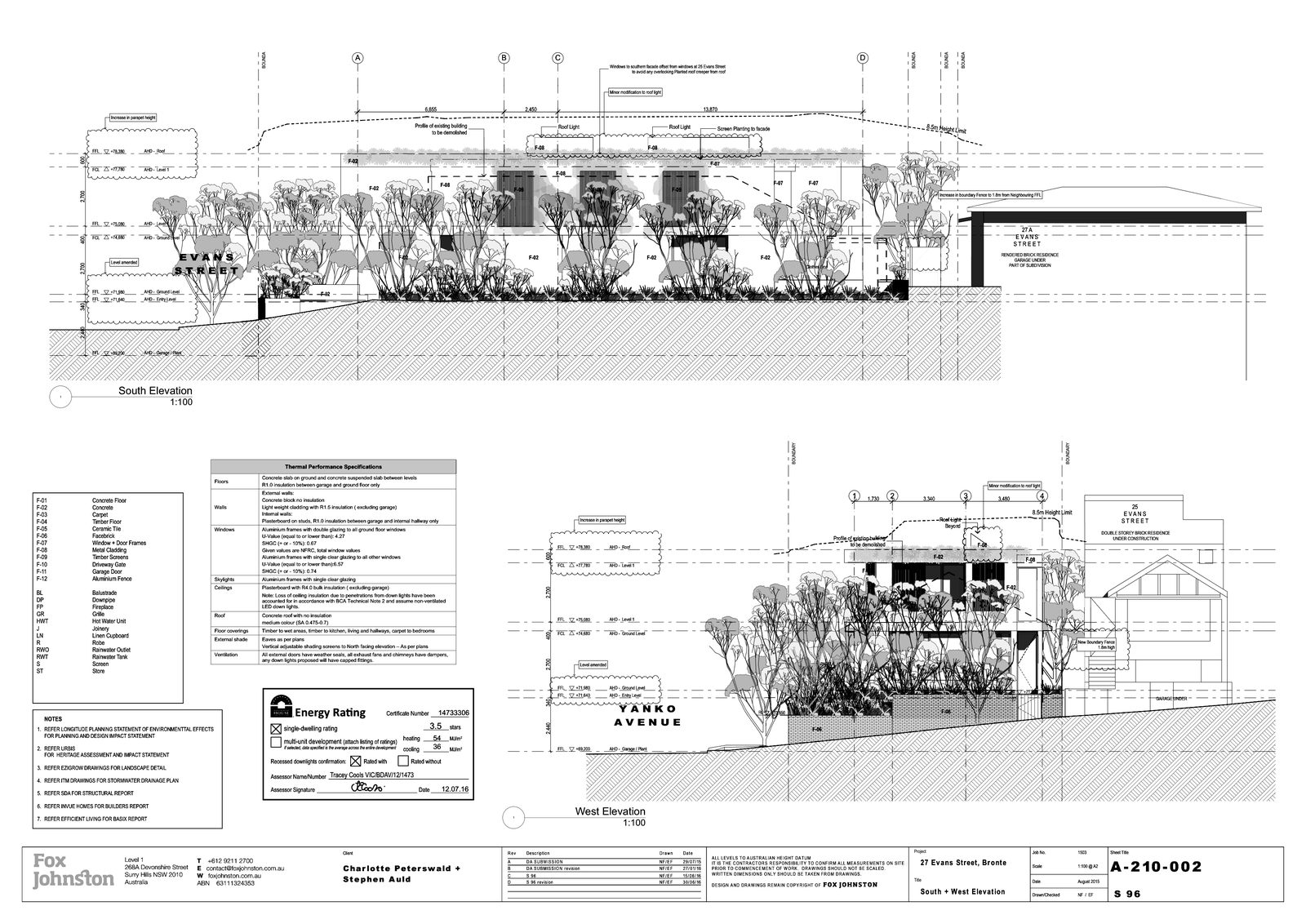 Stamped development-approval elevations, south and west, for the Bronte house at 27 Evans Street