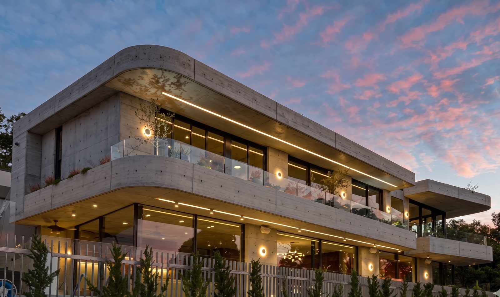 The award-winning Bronte residence at dusk, curved off-form concrete with lit balconies