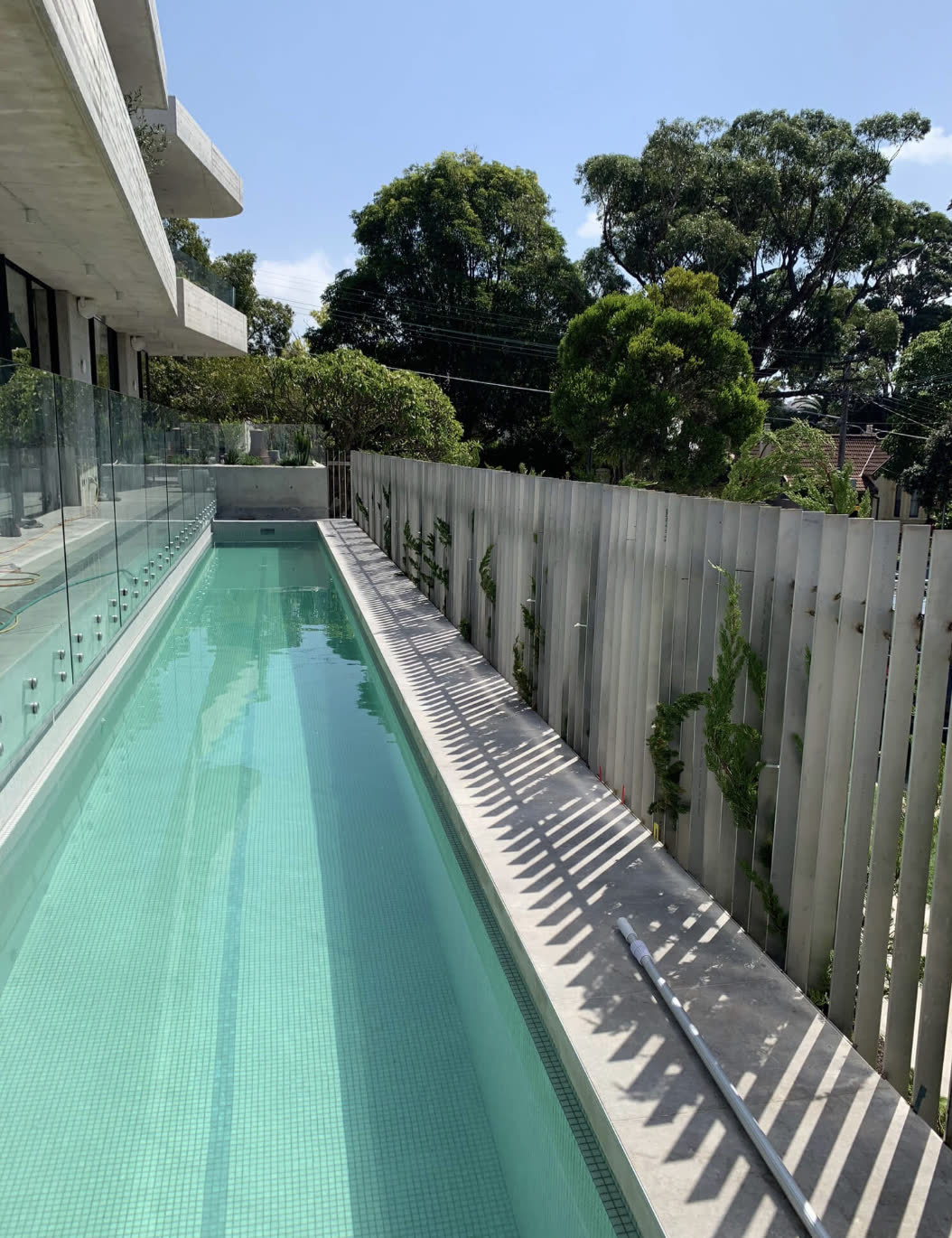 Lap pool beside curved concrete balconies, Bronte award house