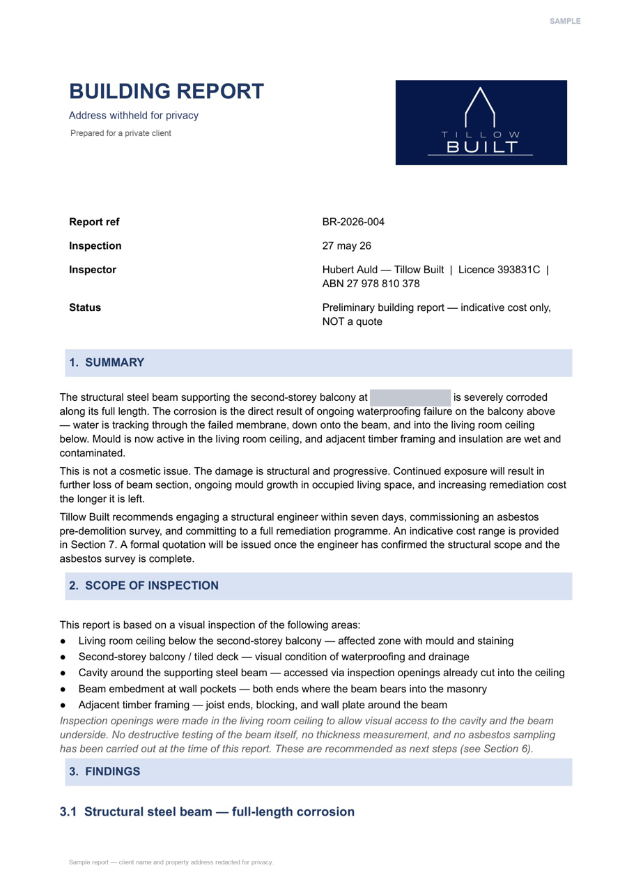 Cover of a real 9-page Tillow Built building defect report for a two-storey Sydney home, client name and address redacted
