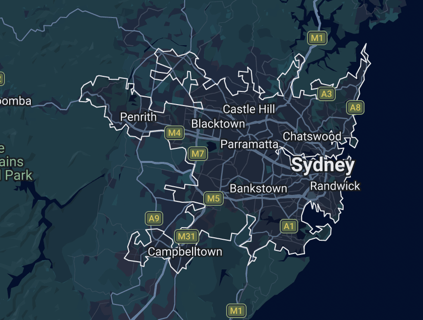Map of Greater Sydney showing the service area Tillow Built covers for building reports, Inner City, Eastern Suburbs, Inner West, Lower North Shore, Northern Beaches and Sutherland Shire